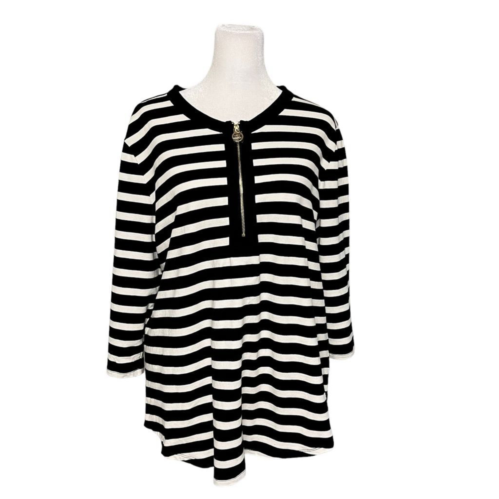 Anne Klein Blue Striped Logo Zipper 3/4 Sleeve Tshirt Size XL NWOT